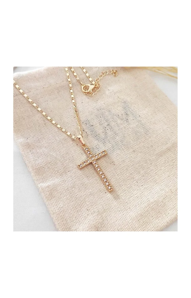 Collier croix – Laiton plaqué or & zircons