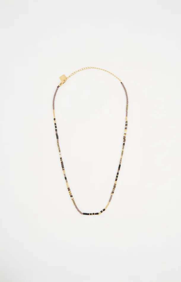Collier de pierres serties – Acier inoxydable – Doré, noir & beige