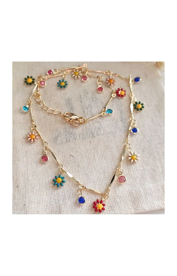 Collier fleurs – Laiton plaqué or & pierres multicolores