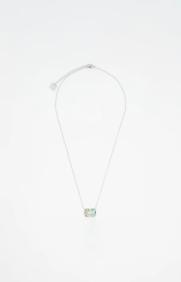 Collier pendentif – Acier inoxydable & nacre – Argenté & bleu