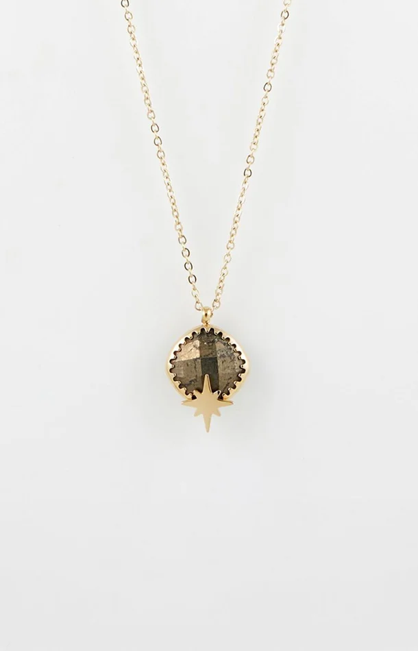 Collier pendentif – Acier inoxydable & pyrite – Doré