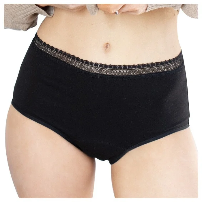 Culotte menstruelle taille haute à dentelle – Coton bio – Flux moyens à abondants – Noir
