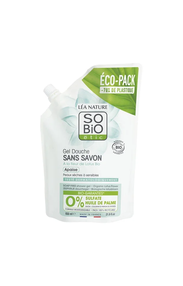 Eco-recharge gel douche sans savon apaisant bio – Fleur de lotus – 650 ml