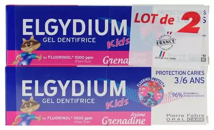 Elgydium Kids Dentifrice Protection Caries Grenadine 3/6 ans Lot de 2 x 50 ml – Arôme Grenadine