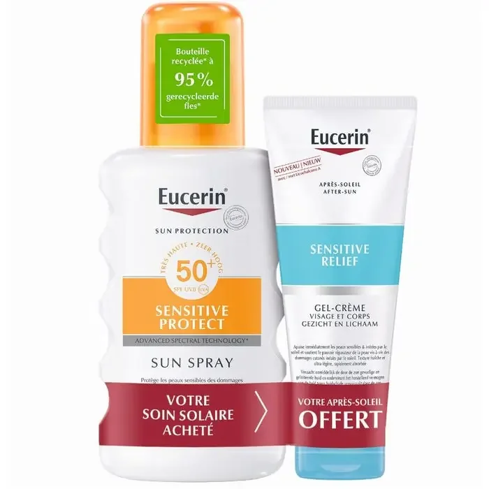 EUCERIN SUN PROTECTION – Sensitive Protect Sun Spray SPF50+ Peaux Sensibles 200ml + Après-Soleil Sensitive Relief 50ml Offert