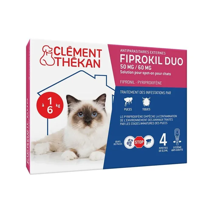 Fiprokil Duo 50mg/60mg Spot On 0.5ml x 4 pipettes Chats 1-6 kg Clement-Thekan