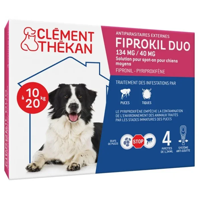 FIprokil Duo Anti-Puces Anti-Tiques Chien 10-20kg 4 Pipettes 1.34ml x4 pipettes Clement-Thekan