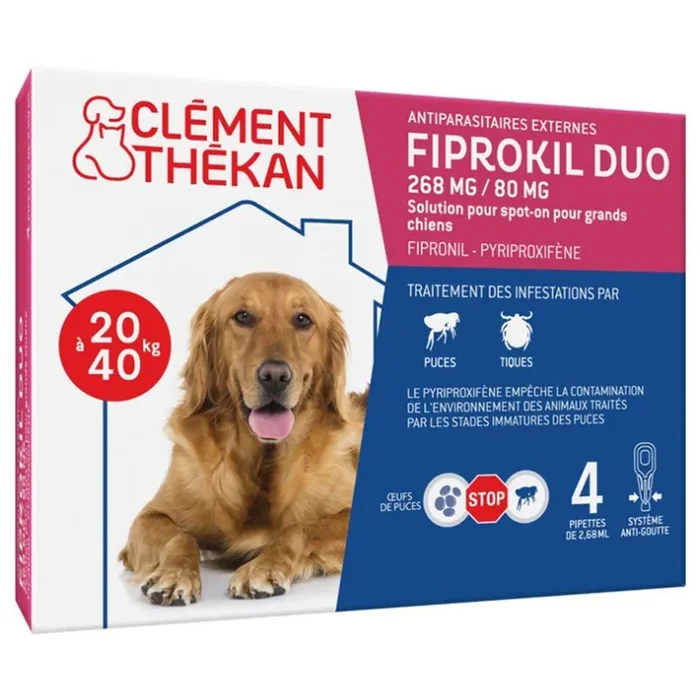 FIprokil Duo Anti-Puces Anti-Tiques Chien 20-40kg 4 Pipettes 2.68ml x4 pipettes Clement-Thekan