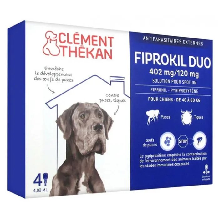 FIprokil Duo Anti-Puces Anti-Tiques Chien 40-60kg 4 Pipettes 4.02ml x4 pipettes Clement-Thekan