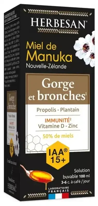 Herbesan Solution Buvable Gorge et Bronches Miel de Manuka IAA15+ – Flacon de 100 ml