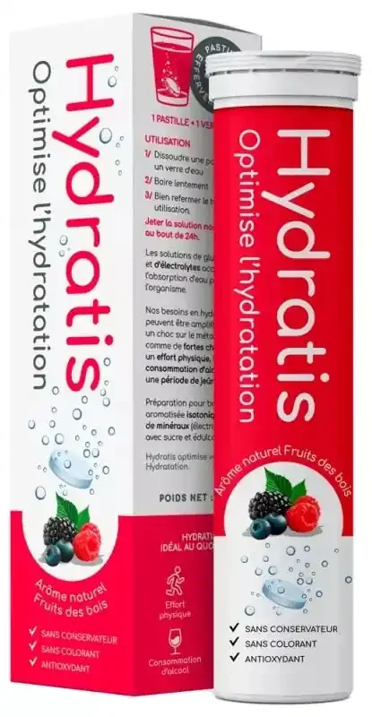 Hydratis Pastilles Hydratation Accélérée – Boisson Électrolytes Magnésium Zinc Potassium – 20 Pastilles – Arôme Fruits des Bois
