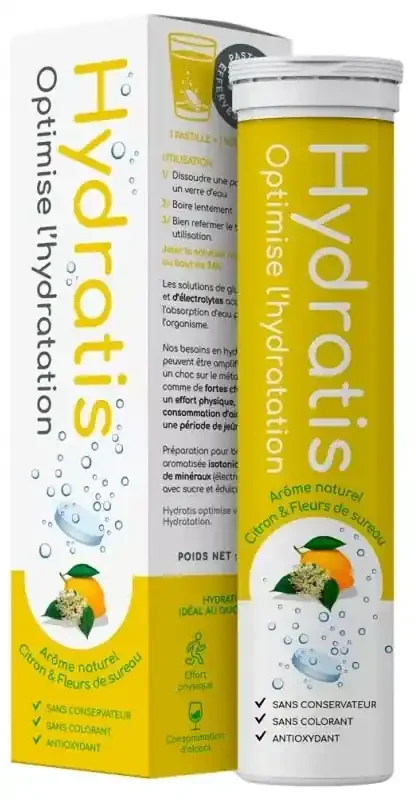 Hydratis Pastilles Hydratation Accélérée – Boisson Électrolytes Magnésium Zinc Potassium – 20 Pastilles – Arôme Citron Fleur de Sureau