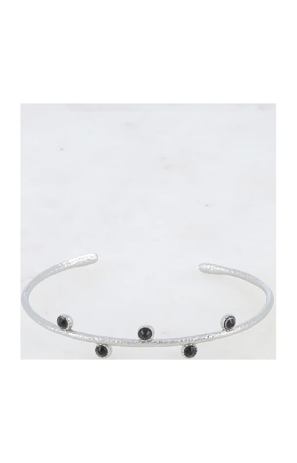 Jonc texturé – Acier inoxydable argenté & strass noir