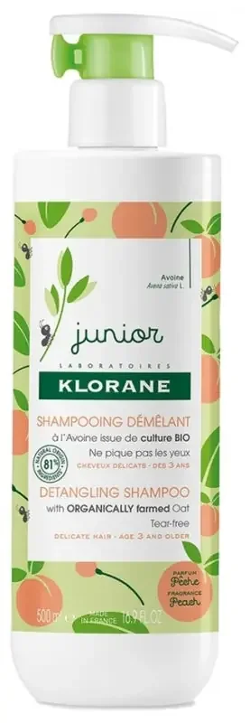 Klorane Avoine Junior – Shampoing Démêlant à l‘Bio – Parfum Pêche – Corps et Cheveux – Enfant 500 ml