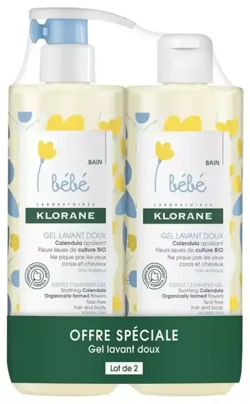 Klorane Bébé Gel Lavant Doux au Calendula Apaisant Corps Et Cheveux Peau Normale – Offre Spéciale Duo 2 x 500 ml