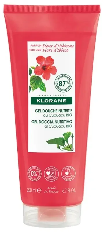 Klorane — Gel Douche au Beurre de Cupuaçu Bio — Fleur d‘Hibiscus — Tous Types de Peaux 200 ml