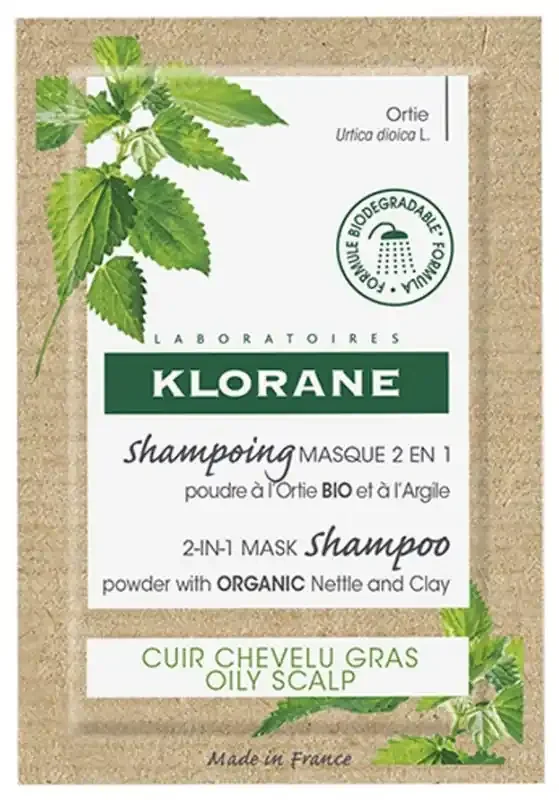 Klorane Ortie – Shampoing Masque Lavant Absorbant 2 en 1 à la Poudre d‘Ortie Bio – Cuir Chevelu Gras 24 g