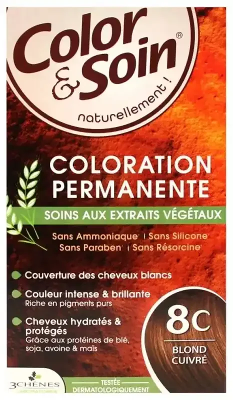 Les 3 Chênes Color & Soin Coloration Permanente Extraits Végétaux Sans Ammoniaque – Coloration Blond Cuivre 8C