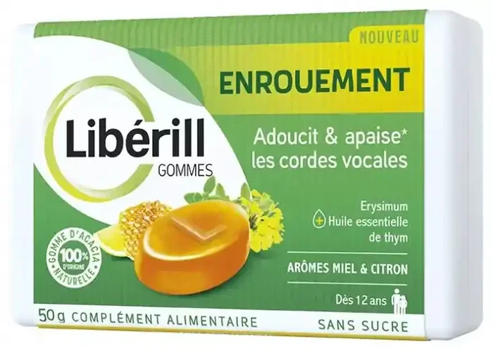 Libérill Gommes Enrouement Boite de 50 g Aux Ingrédients d‘Origine Naturelle. Dès 12 Ans. Complément Alimentaire. Sans Sucre et Avec Édulcorants.