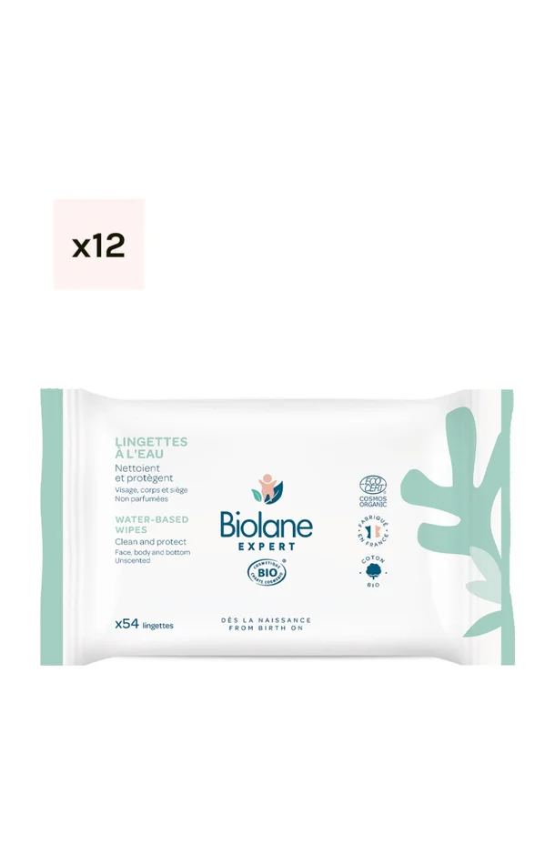 Lingettes nettoyantes à l’eau bio – Visage & corps – Bébé – 12 x 54 unités