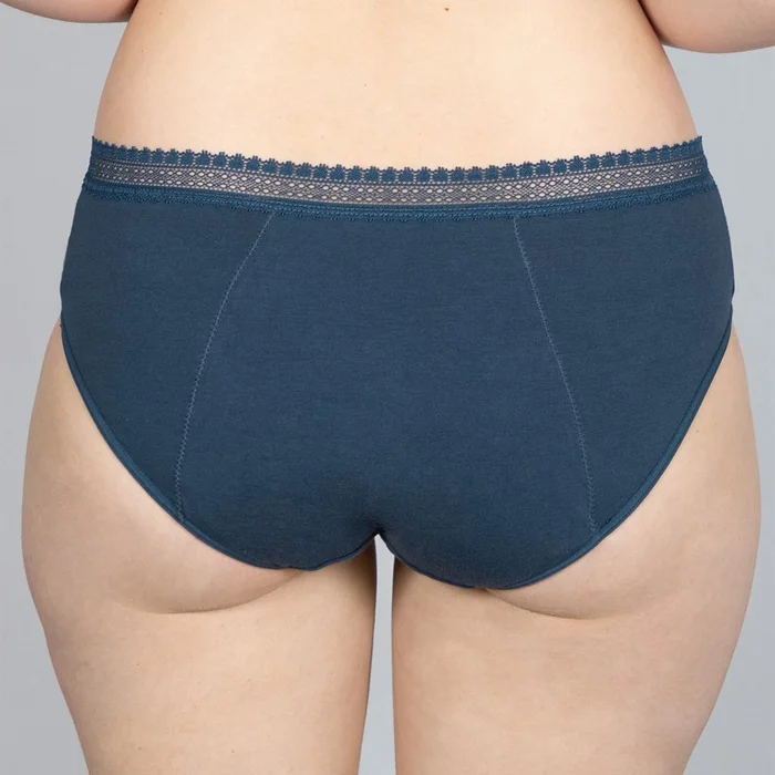 Lot de 2 shortys menstruels à dentelle – Coton bio – Flux moyens à abondants – Bleu