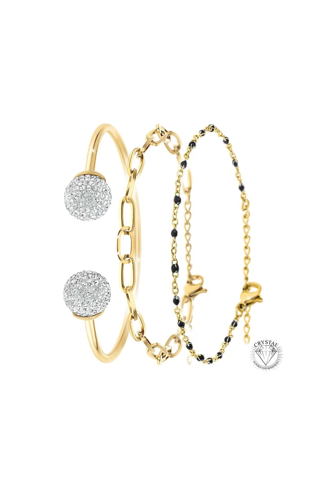 Lot de 3 bracelets – Acier inoxydable, cristaux & perles en résine – Doré