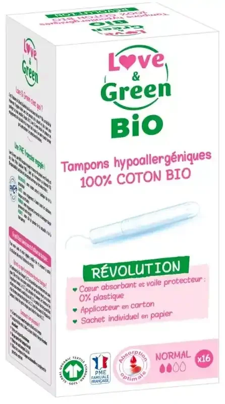 Love & Green Tampons 100% Coton Bio Hypoallergéniques et Écologiques Avec Applicateur « normal » X 16
