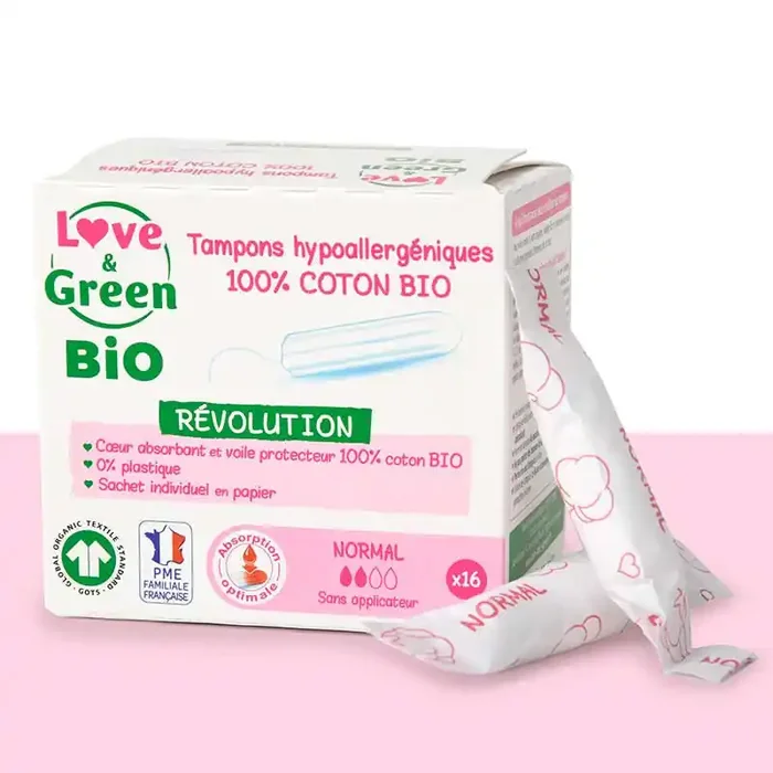 Love & Green tampons hypoallergénique 100% coton bio sans applicateur x16
