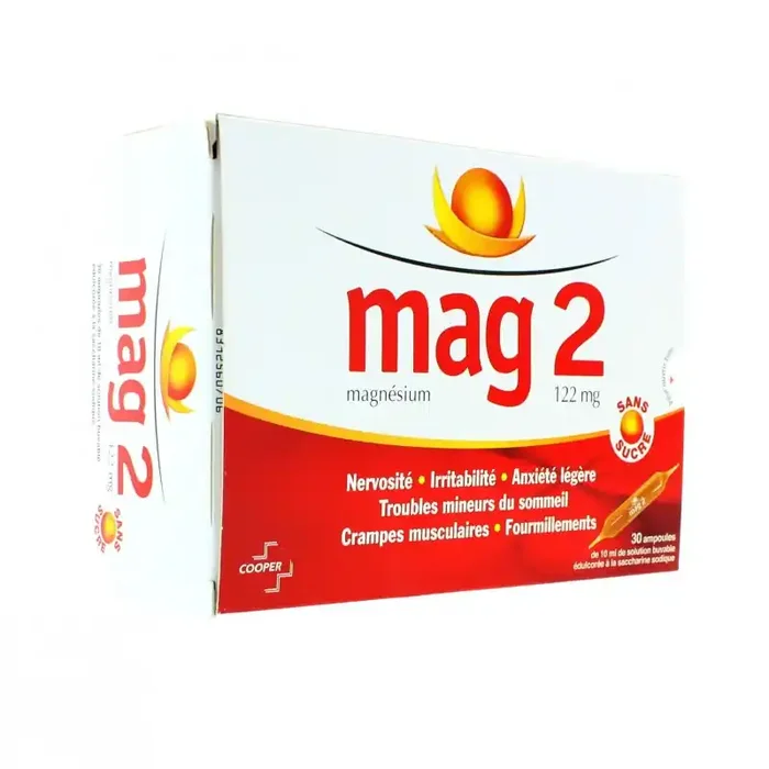 Mag2 Sans Sucre 122 mg solution buvable 30 ampoules edulcorees de 10ml