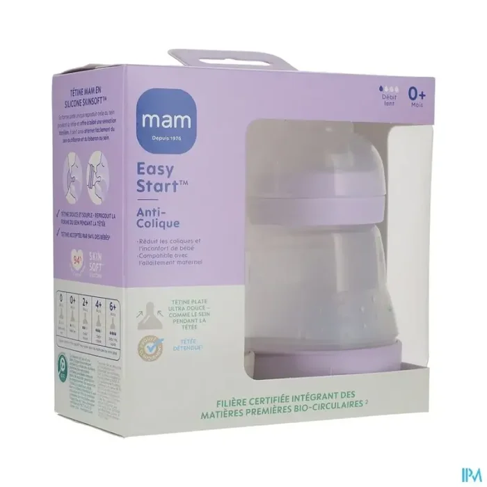 Mam biberon easy start anticolique 160ml lilas + sable tetine debit 1 x2