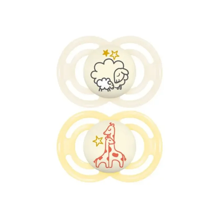 MAM Perfect Nuit 2 sucettes + 6 mois, mouton et girafe
