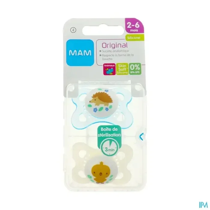 Mam sucette anatomique silicone original animaux 2/6m boite sterilisation n4 x2