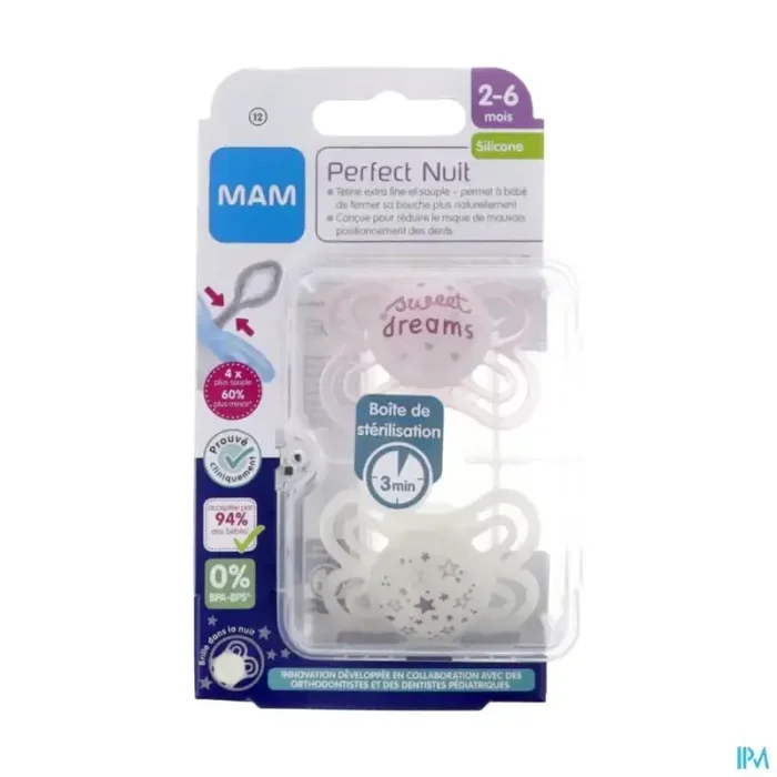 Mam sucette anatomique silicone perfect nuit decor 2/6m boite sterilisation n12 x2