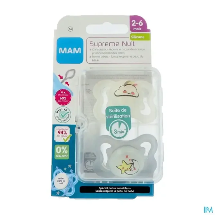 Mam sucette anatomique silicone supreme nuit 2/6m boite sterilisation n36 x2