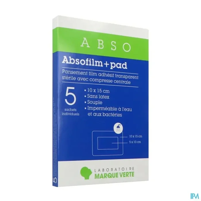 Marque verte absofilm+pad pansement film transparent 10cm x 15cm 5