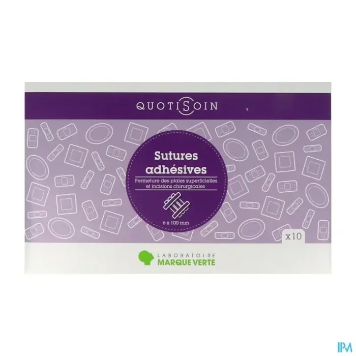 Marque verte quotisoin suture adhesive sterile 6mm x 100mm pochette de 10