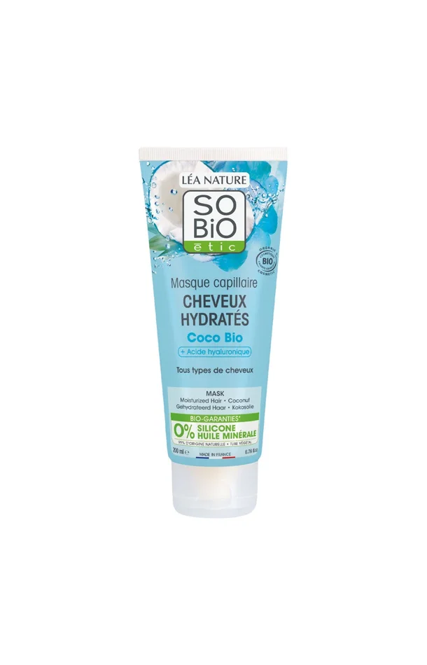 Masque hydratant bio – Eau de coco & acide hyaluronique – Cheveux – 200 ml