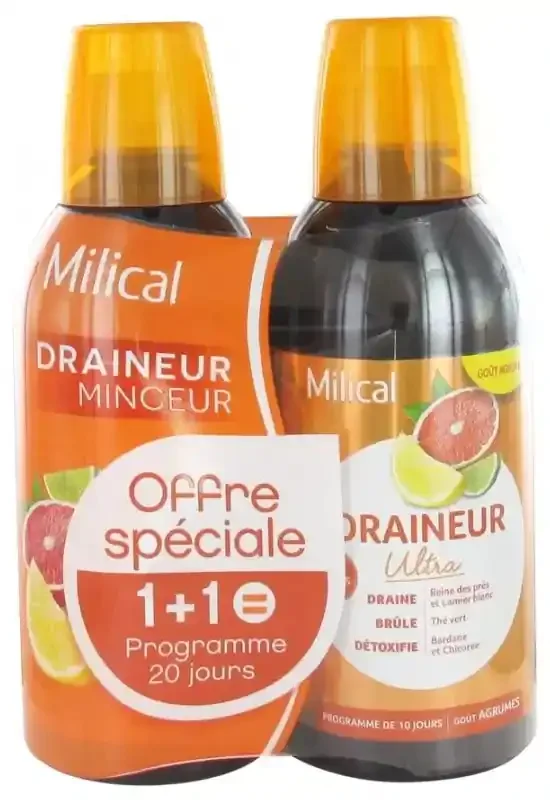 Milical Draineur Minceur Ultra Lot de 2 x 500 ml (= Programme de 20 Jours) – Saveur Agrumes