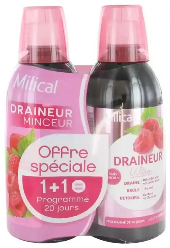 Milical Draineur Minceur Ultra Lot de 2 x 500 ml (= Programme de 20 Jours) – Saveur Framboise