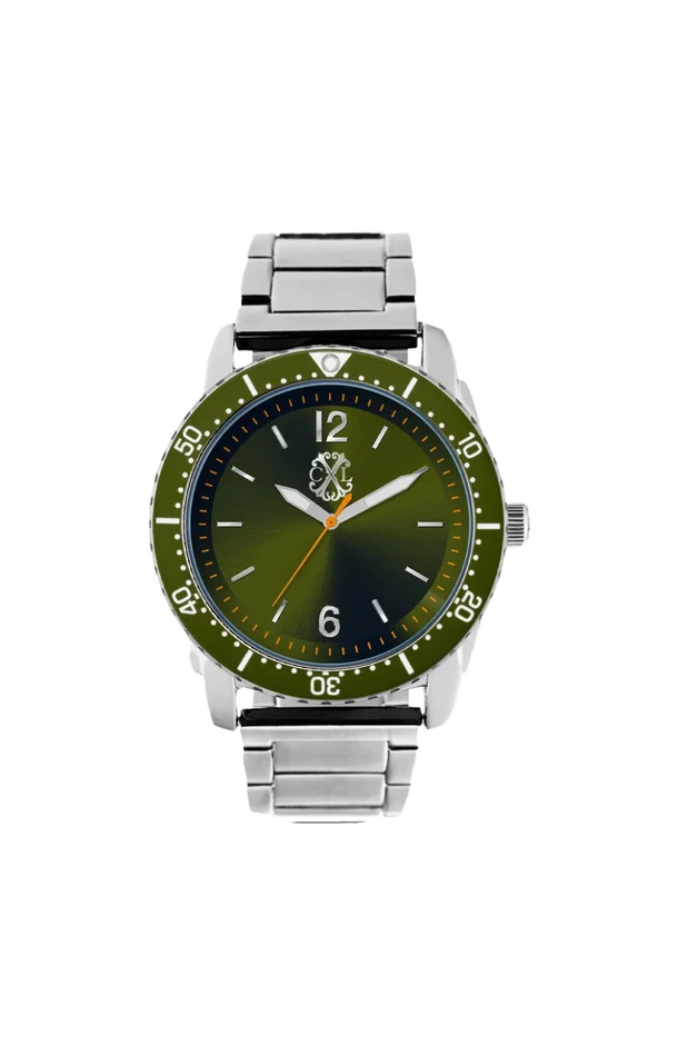 Montre à quartz en acier inoxydable – Argenté & vert – Homme