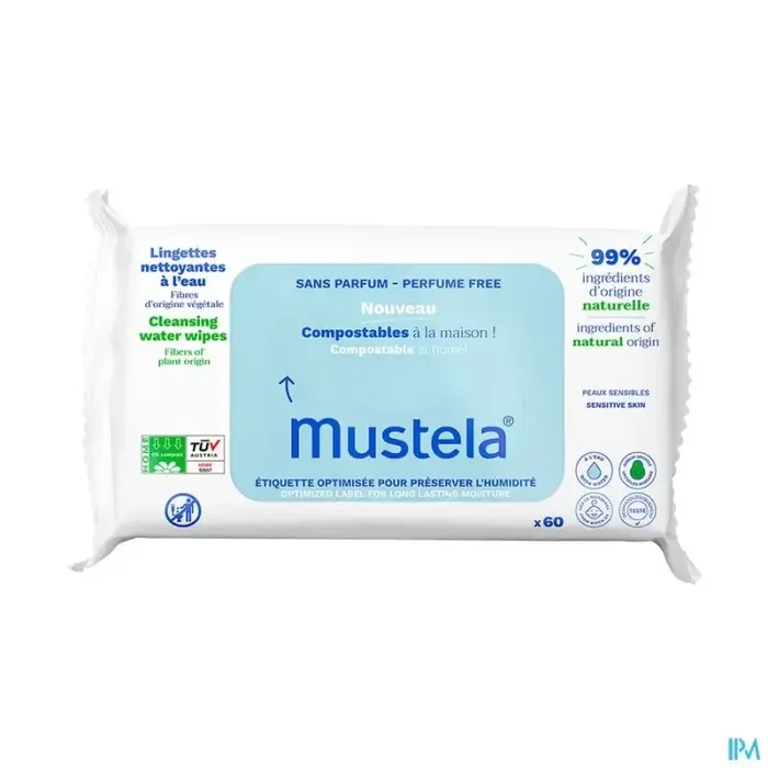 Mustela lingettes nettoyantes compostables sans parfum x60