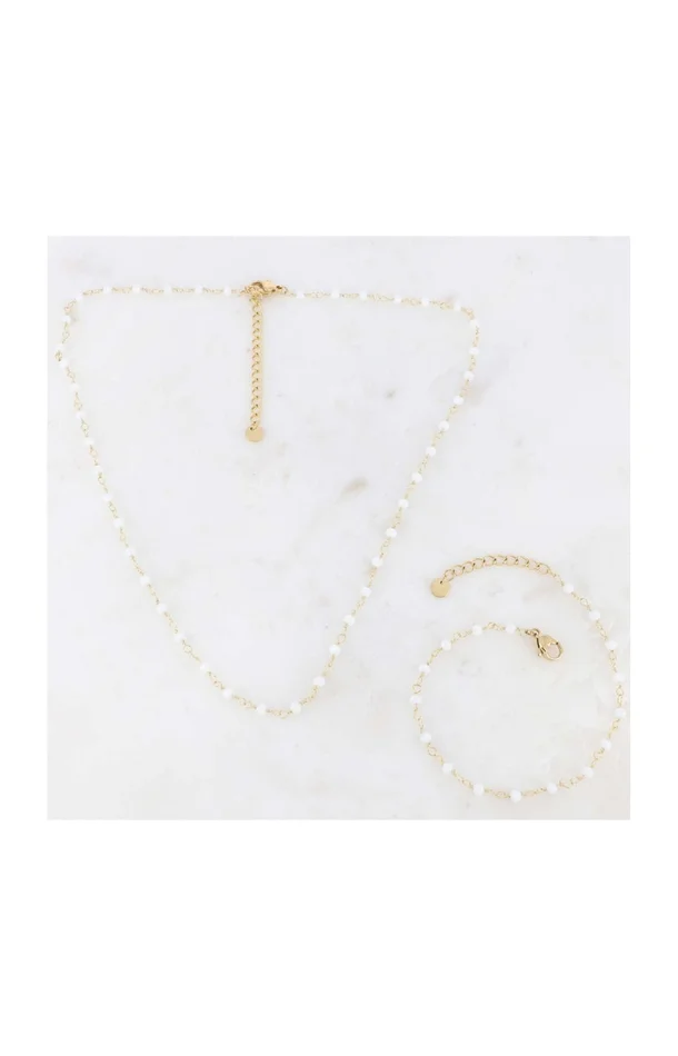 Parure – Collier & bracelet – Acier inoxydable doré & perles blanches