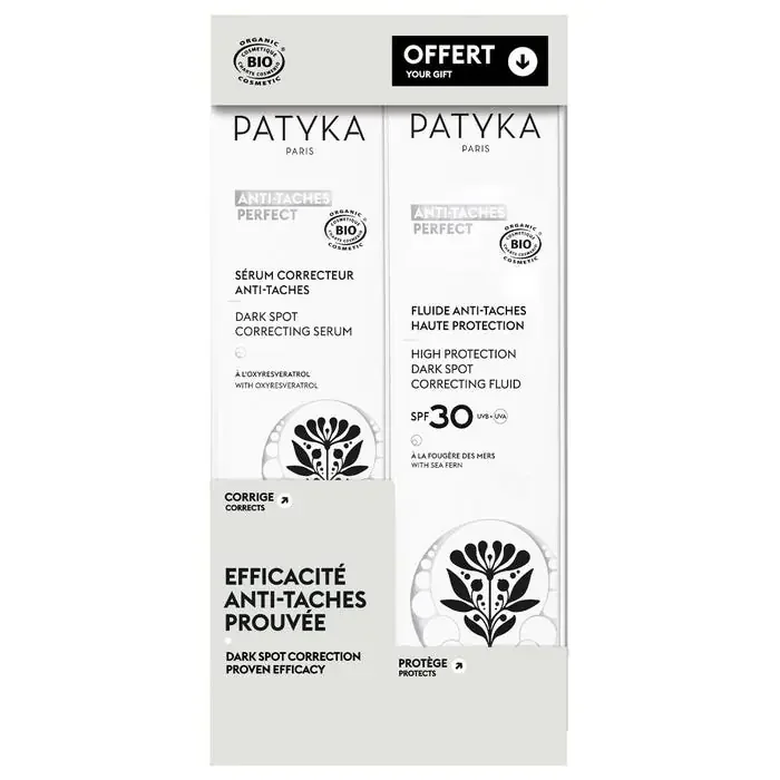 Patyka ANTI-TACHES PERFECT – Coffret – Sérum Correcteur Anti-Taches Bio 30ml + Fluide Anti-Taches Haute Protection SPF30 Bio 50ml – Offert