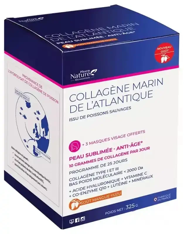 Pharm Nature Collagène Marin de L‘Atlantique Peau Sublimée Anti-Âge Goût mangue yuzu 325 g