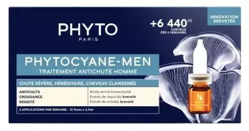 Phyto Phytocyane Men Traitement Antichute Homme – Chute Sévère Héréditaire Cheveux Clairsemés – 12 Fioles X 3,5 ml