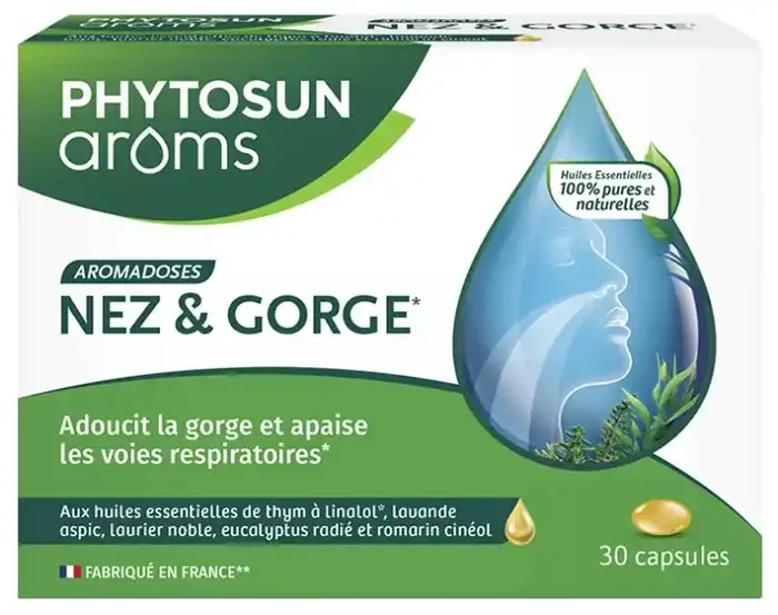Phytosun Arôms Apsules Nez et Gorge Adoucit la Gorge et Apaise Les Voies Respiratoires Grâce Aux Huiles Essentielles de Thym et d‘Eucalyptus 30 Capsules
