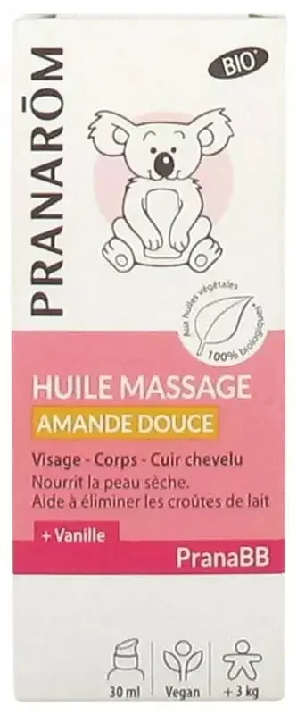 Pranarôm Pranabb Huile de Massage Peau Sèche Amande Douce et Extrait de Vanille Visage Corps Cuir Chevelu Bio 30 ml