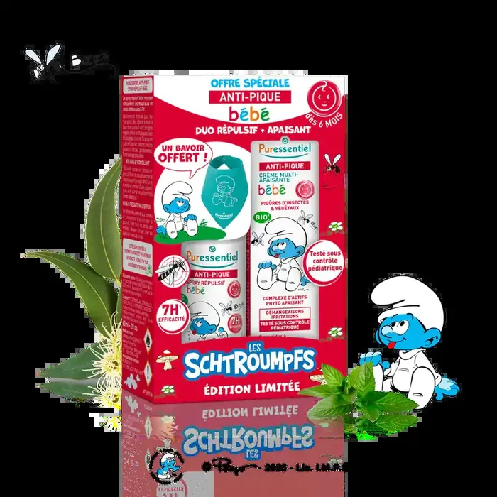Puressentiel Coffret Les Schtroumpfs anti moustiques Duo Répulsif + Apaisant Bébé