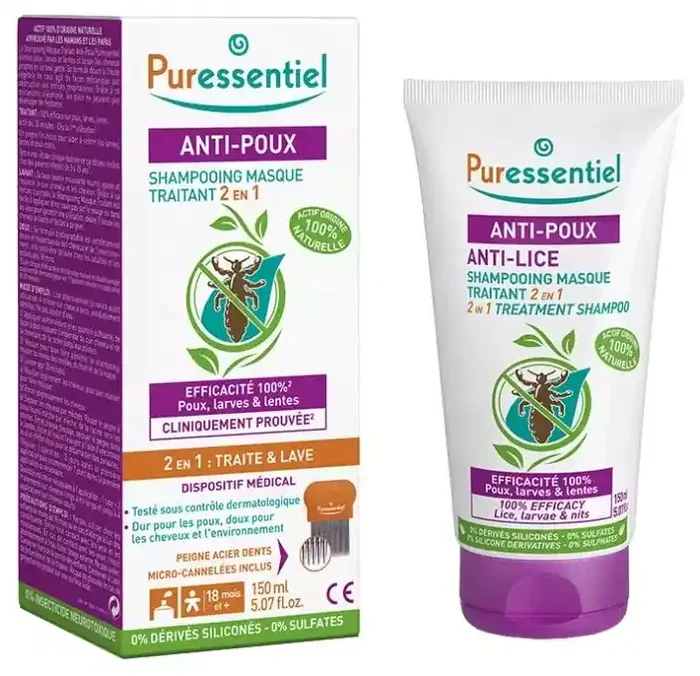 Puressentiel Shampooing Masque Traitant 2 en 1 Anti-Poux Avec Peigne – 150 ml