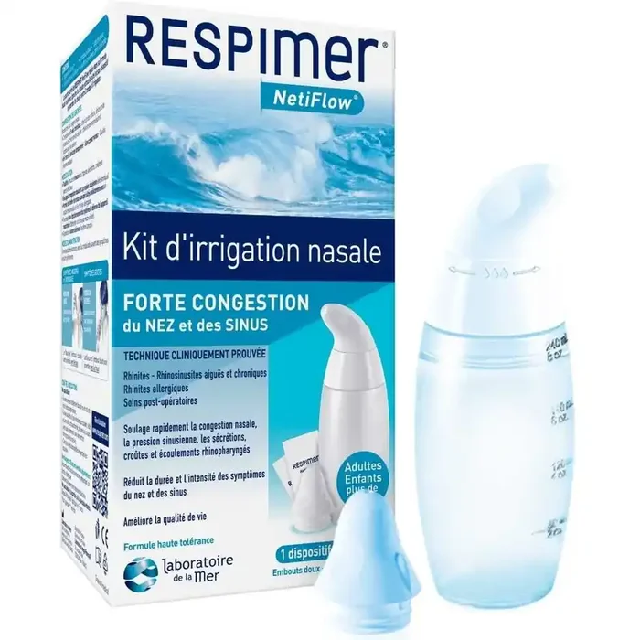 Respimer Netiflow – Kit irrigation nasale – Forte congestion Nez Sinus – 1 Dispositif + 6 sachets